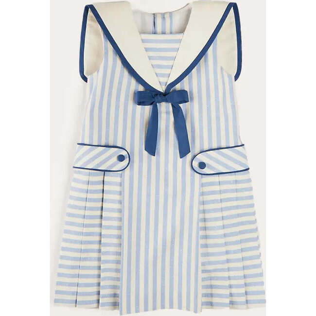 Regency Striped Mariner Collar Pleated Sleeveless Dress in Blue