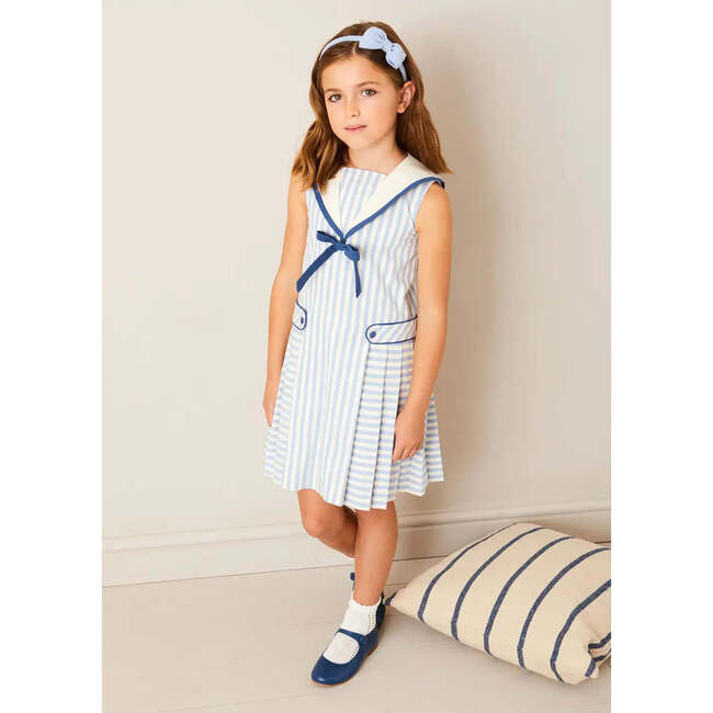 Regency Striped Mariner Collar Pleated Sleeveless Dress in Blue
