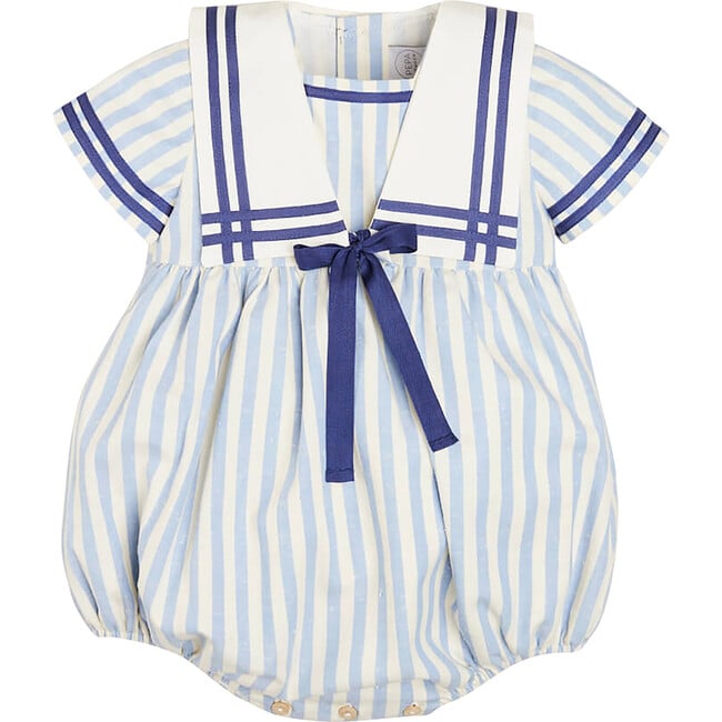 Striped Mariner Collar Short Sleeve Romper, Blue & White - Rompers - 1