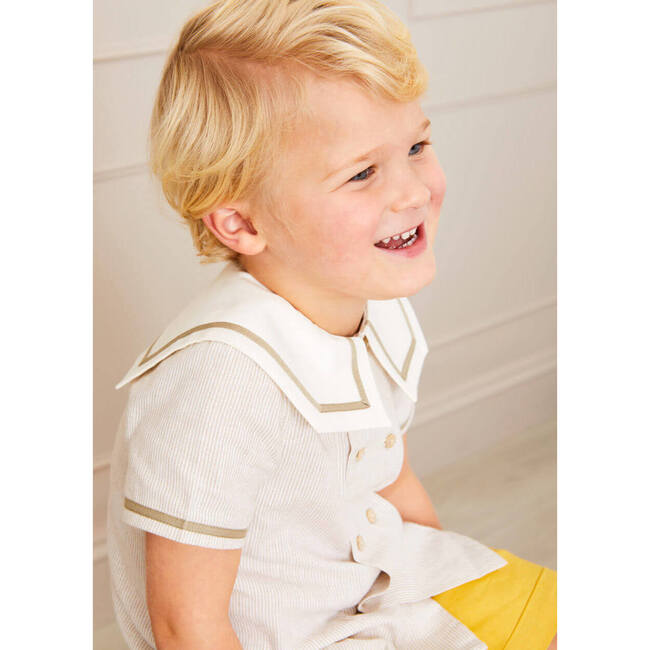 Striped Mariner Collar Short Sleeve Shirt, Beige