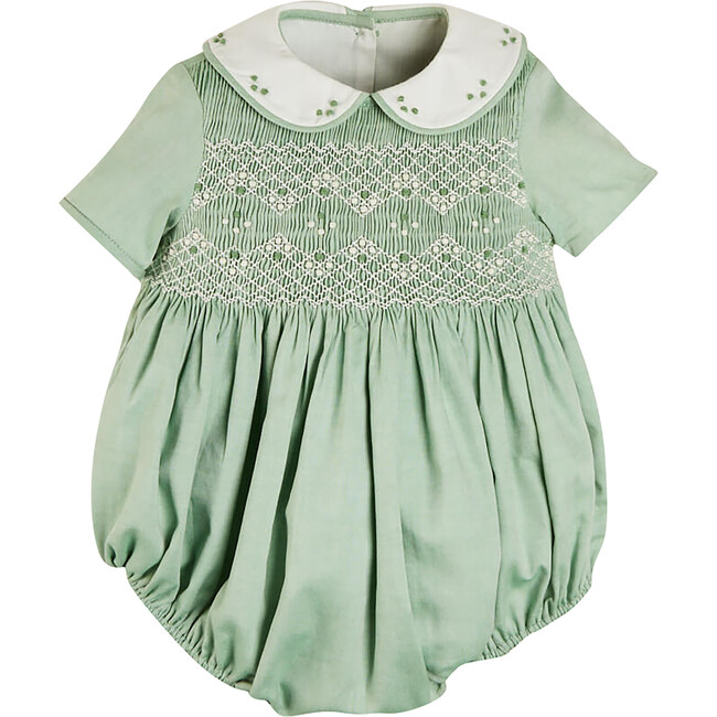 Peter Pan Collar Handsmocked Short Sleeve Romper, Green