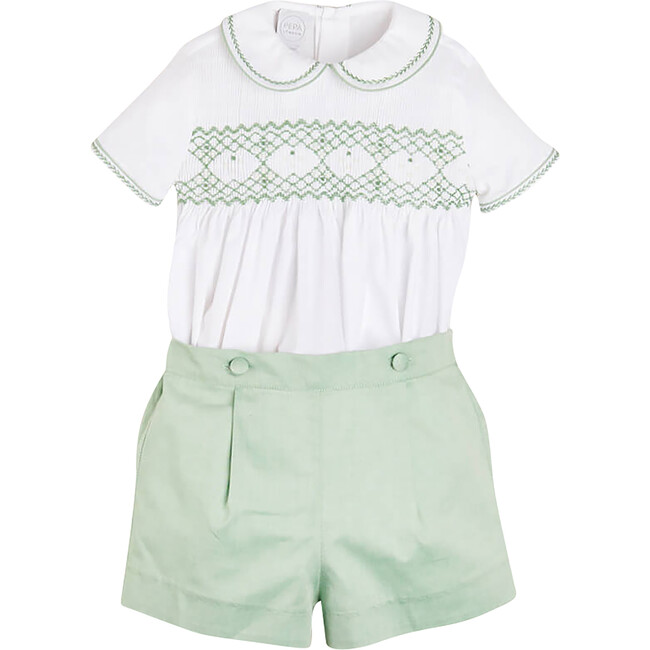 Handsmocked Peter Pan Collar Short Sleeve Two Piece Set, Green
