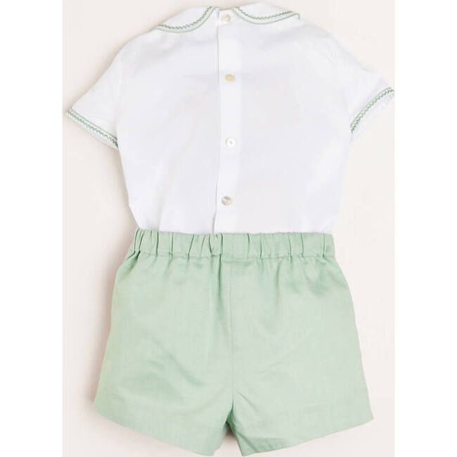 Handsmocked Peter Pan Collar Short Sleeve Two Piece Set, Green - Mixed Apparel Set - 3