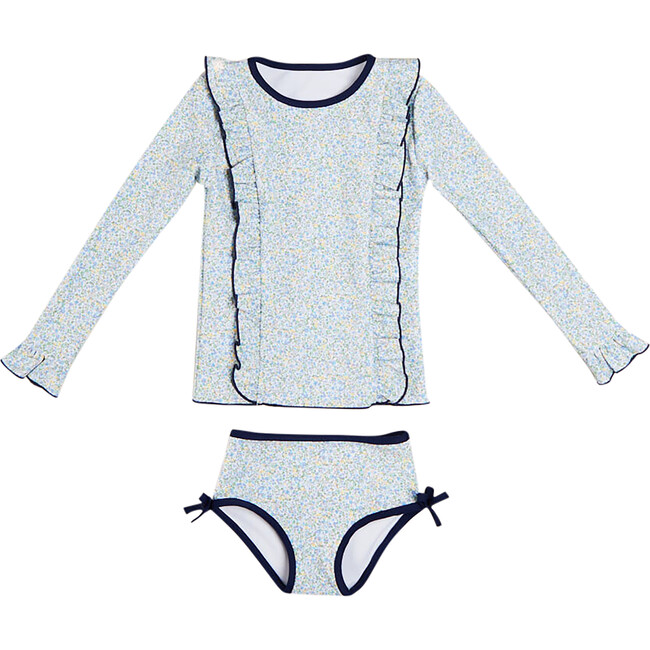 Floral Print Ruffle Trim Long Sleeve 2-Piece Swim Set, Blue - Two Pieces - 1