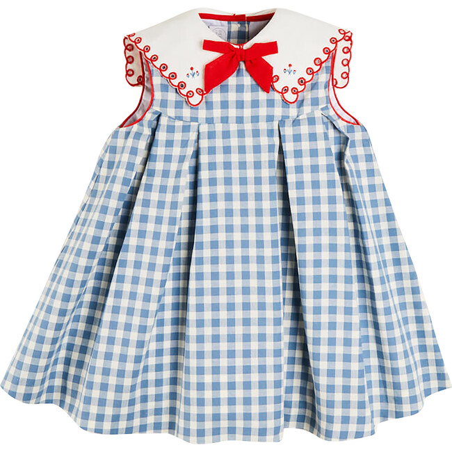 Embroidered Gingham Sleeveless Dress, Blue