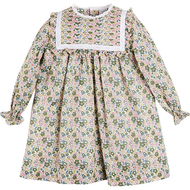 Emilia Floral Print Pleated Front Long Sleeve Dress, Green - Dresses - 1