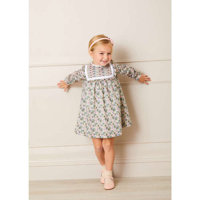 Emilia Floral Print Pleated Front Long Sleeve Dress, Green - Dresses - 2