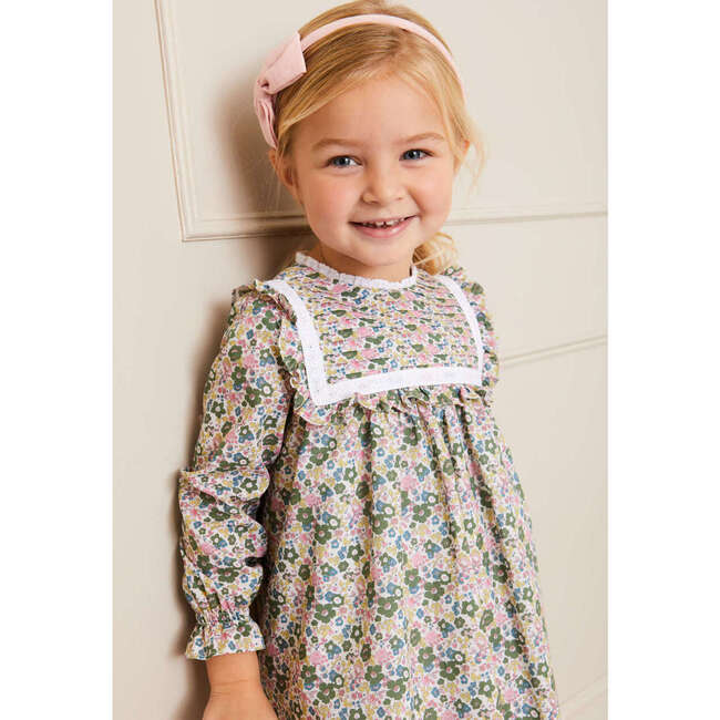 Emilia Floral Print Pleated Front Long Sleeve Dress, Green - Dresses - 3