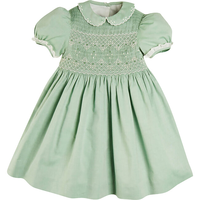 Handsmocked Peter Pan Collar Short Sleeve Dress, Green