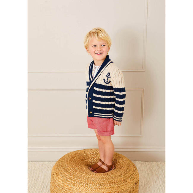 Anchor Motif Striped Cable Knit Cardigan, Navy
