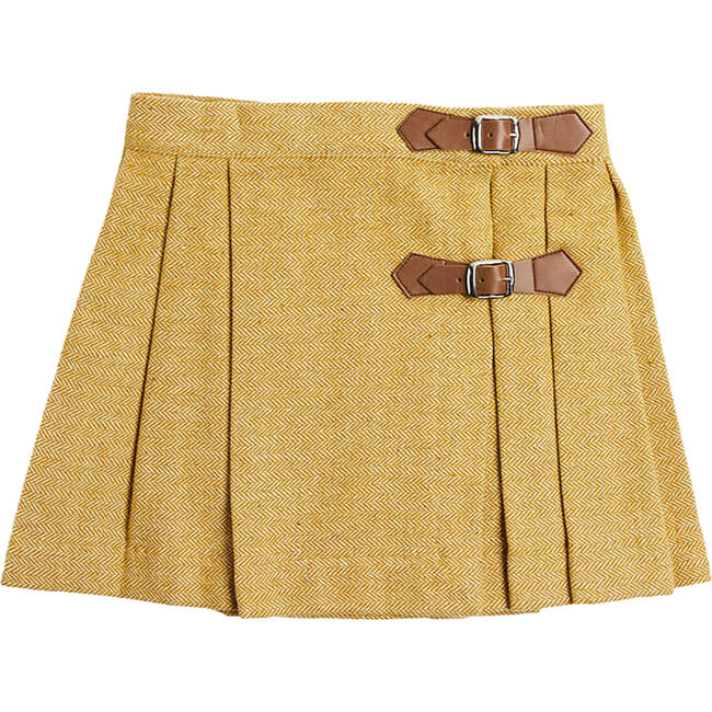 Herringbone Pleated Leather Buckled Kilt, Mustard - Skirts - 1