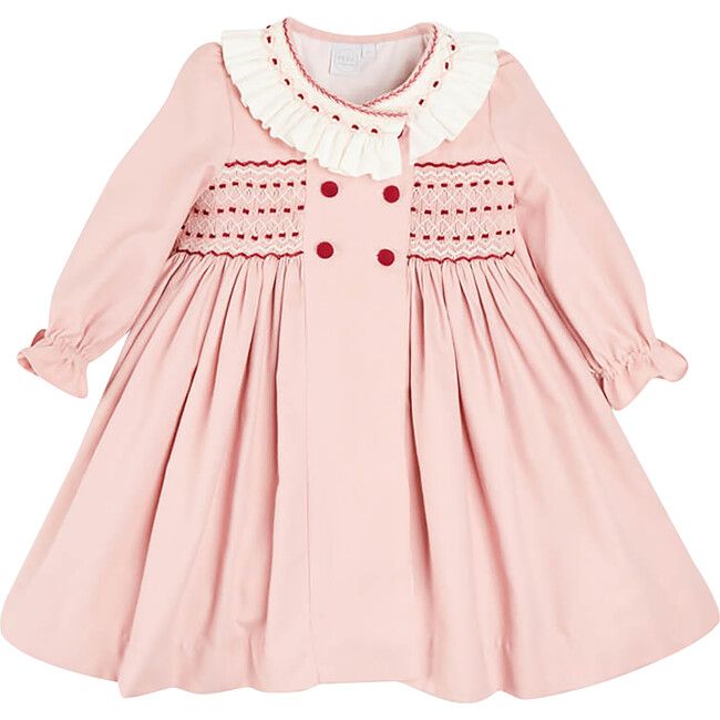 Double Breasted Hand-Smocked Collar Dress, Rose Pink - Dresses - 1