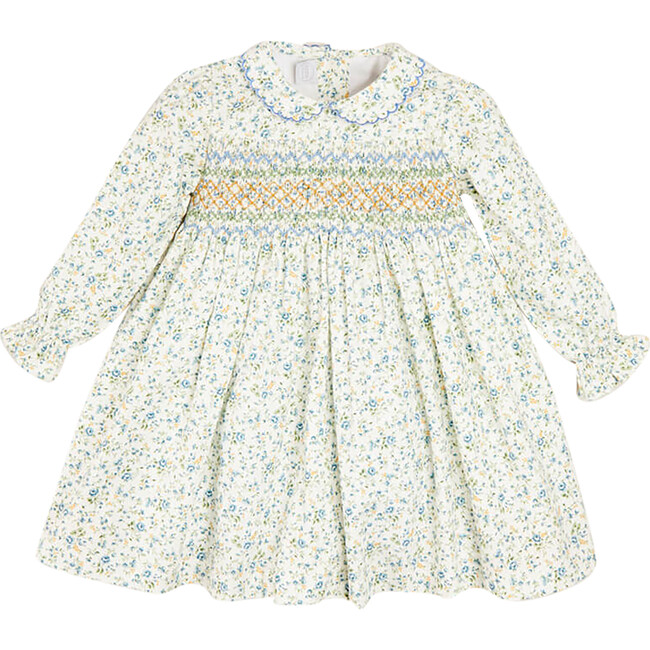 Floral Hand-Smocked Long Sleeve Collar Dress, Mustard - Dresses - 1