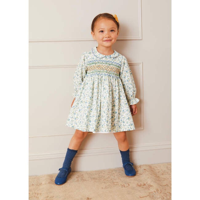 Floral Hand-Smocked Long Sleeve Collar Dress, Mustard - Dresses - 2