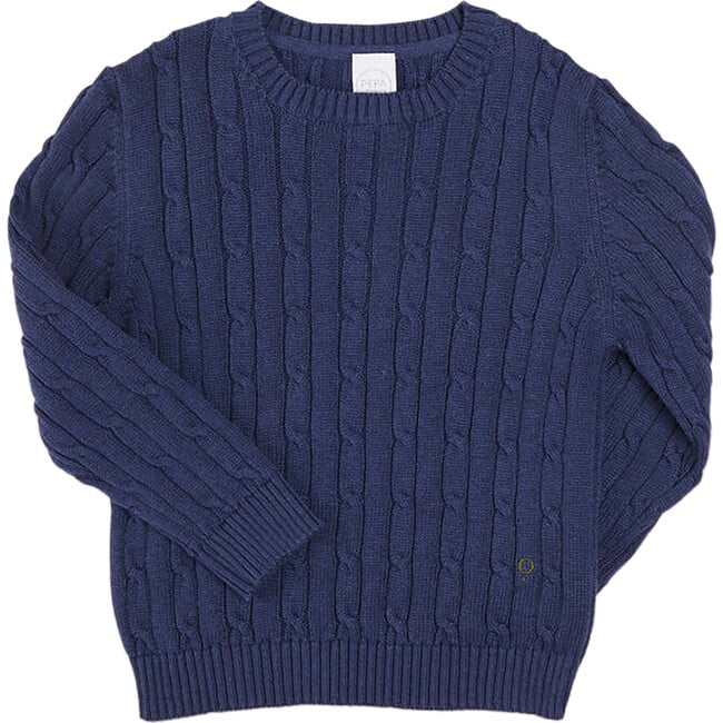 Cable Detail Crew Neck Jumper, Navy - Sweaters - 1