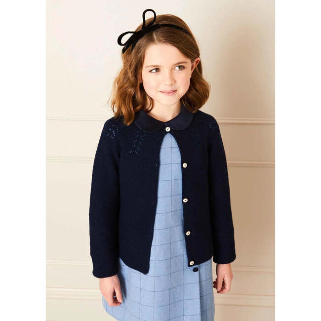 Openwork Long Sleeve Button-Up Knit Cardigan, Navy