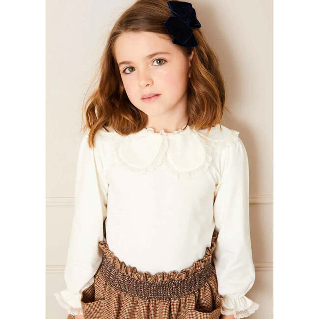 Lace Trim Petal Collar Elastic Cuff Long Sleeve Top, Cream