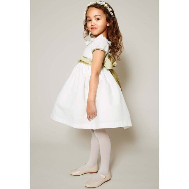 Girls Flower Frill Collar Short Puff Sleeve Sash Waist Dress, Ivory & Green