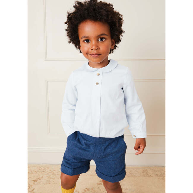 Peter Pan Collar Long Sleeve Front Pleat Shirt, Blue