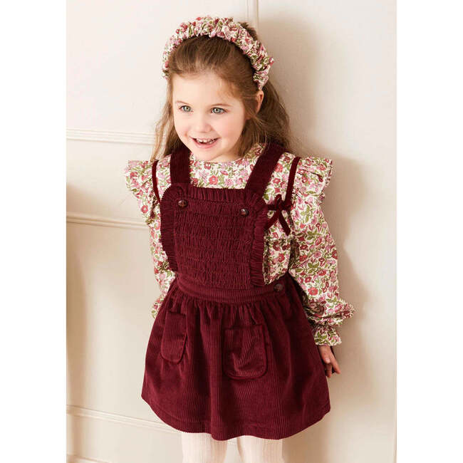 Frill Detail Shoulder Braces Ribbed Corduroy Skirt, Burgundy