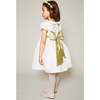 Girls Flower Frill Collar Short Puff Sleeve Sash Waist Dress, Ivory & Green - Dresses - 3 - thumbnail