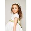 Girls Flower Frill Collar Short Puff Sleeve Sash Waist Dress, Ivory & Green - Dresses - 6 - thumbnail