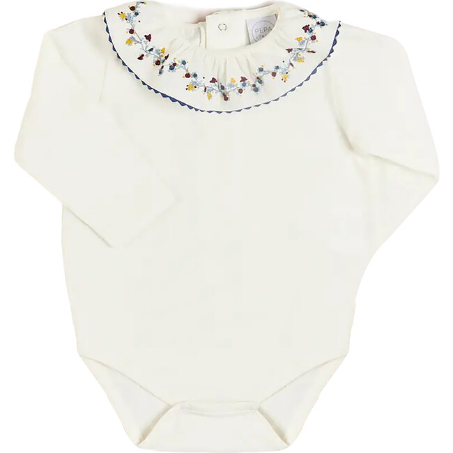 Floral Embroidered Ruffle Collar Long Sleeve Bodysuit, Blue - Onesies - 1
