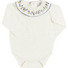 Floral Embroidered Ruffle Collar Long Sleeve Bodysuit, Blue - Onesies - 1 - thumbnail