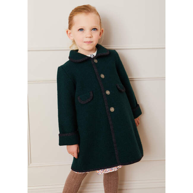 Austrian Contrast Trim Single Breasted Coat, Bottle Green & Grey - Coats - 2