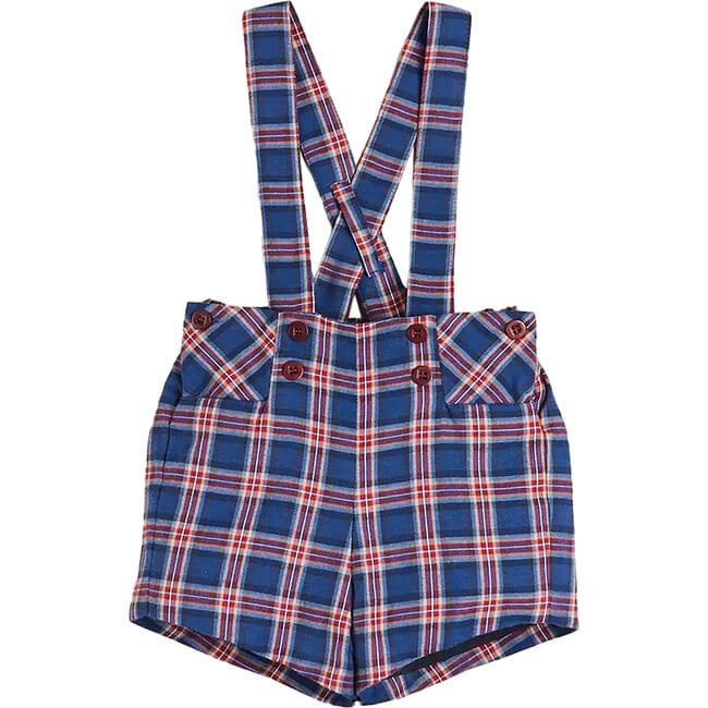 Eaton Checkered Shoulder Braces Button Shorts, Navy - Shorts - 1