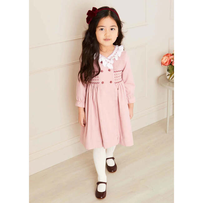 Double-Breast Ruffle Neck Long Sleeve Hand-Smocked Dress, Pink