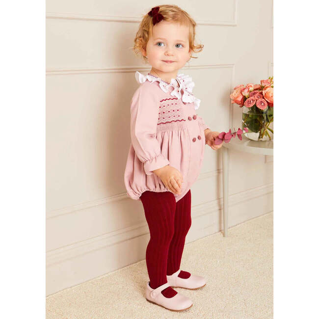 Double-Breast Long Sleeve Hand-Smocked Romper, Pink