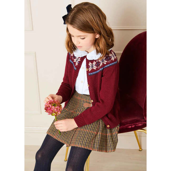 Fair Isle Long Sleeve Button-Up Knit Cardigan, Burgundy - Cardigans - 5