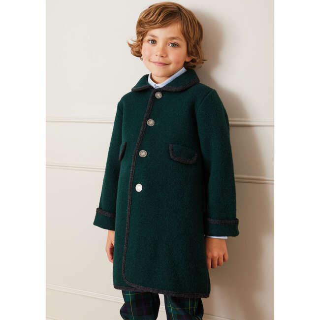 Austrian Contrast Trim Single Breasted Coat, Bottle Green & Grey - Coats - 3