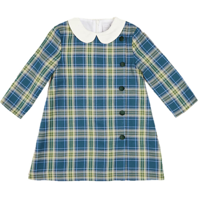 Check Peter Pan Collar Trapeze Dress, Classic Blue - Dresses - 1