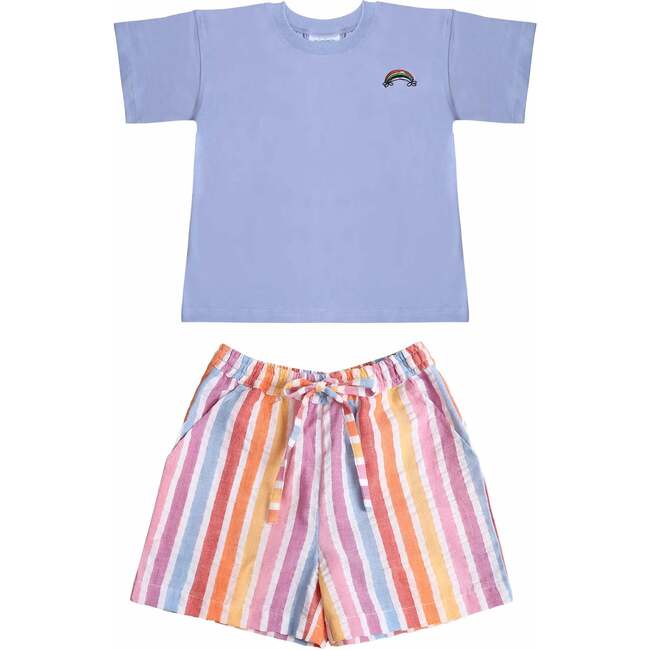 Rainbow Short Sleeve T-Shirt & Bermuda Shorts Set, Blue & Rainbow