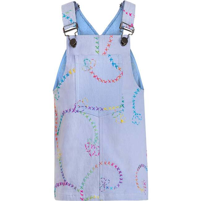 Jardin Flower Embroidered Front Pocket Denim Jumper Dress, Blue - Dresses - 1