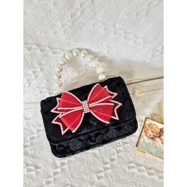 Black Velvet Purse with Big Red Diamond Trimmed Bow