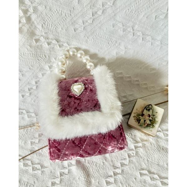 Pink Velvet Fur Trimmed Diamond Heart Purse