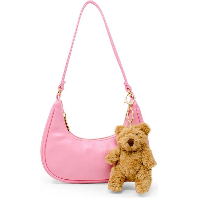 Teddy Bear Charm Shoulder Handbag, Pink