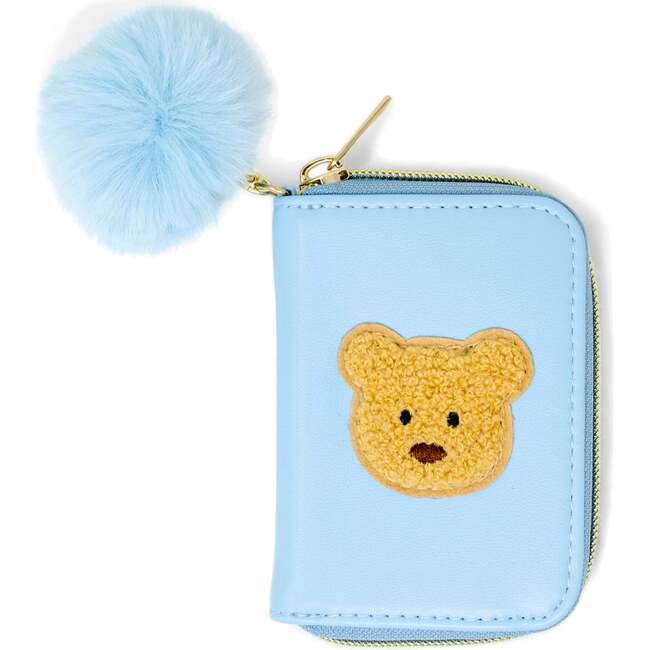 Teddy Pom Pom Zip Wallet, Blue