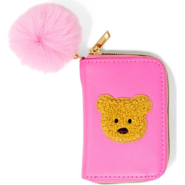 Teddy Pom Pom Zip Wallet, Hot Pink