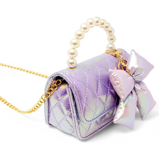 Shiny Quilted Fluffy Bow Handbag, Purple - Bags - 3