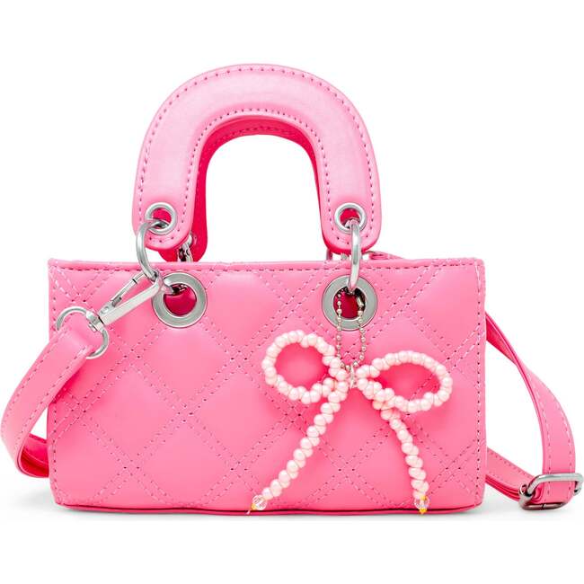 Quilted Rectangle Bow Charm Handbag, Hot Pink