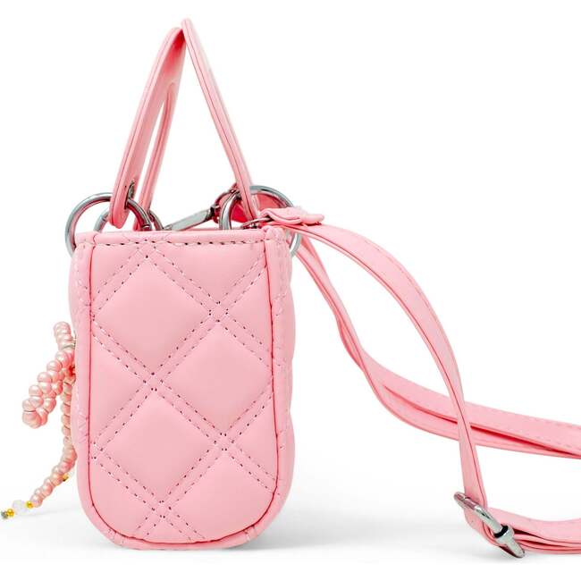 Quilted Rectangle Bow Charm Handbag, Pink - Bags - 2