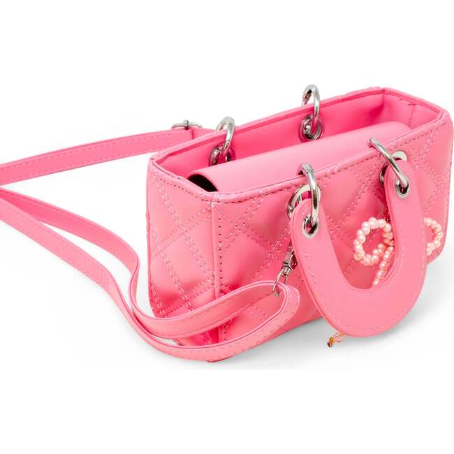 Quilted Rectangle Bow Charm Handbag, Hot Pink - Bags - 3