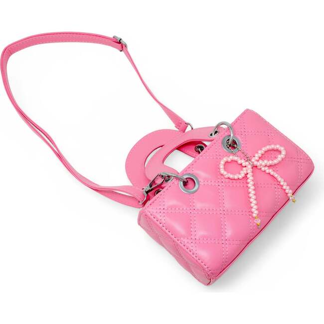 Quilted Rectangle Bow Charm Handbag, Hot Pink - Bags - 4