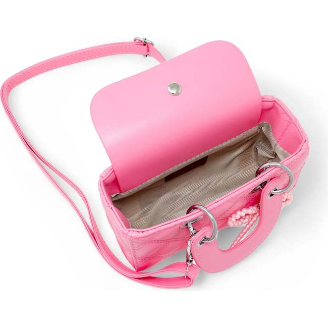 Quilted Rectangle Bow Charm Handbag, Hot Pink - Bags - 5