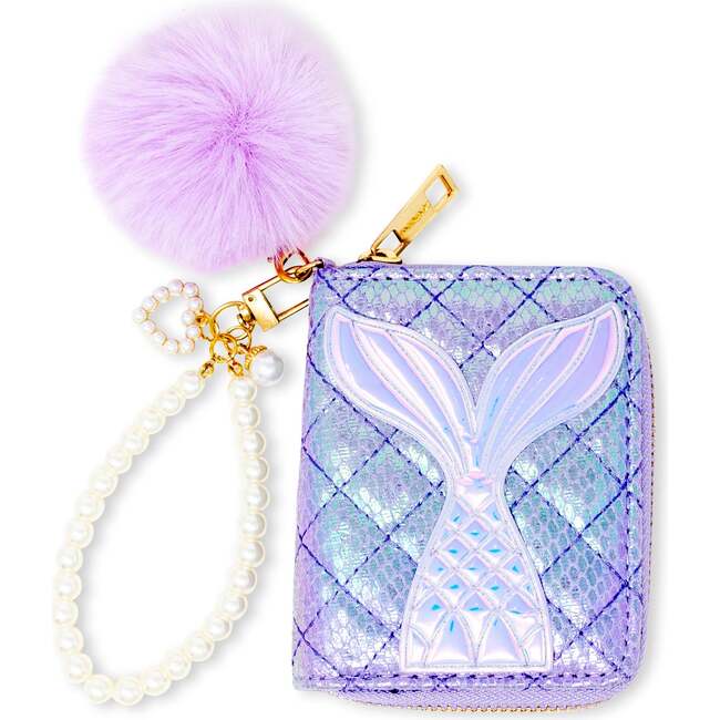 Mermaid Tail  Wallet with Pom-Pom & Pearl Strap, Purple