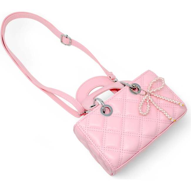 Quilted Rectangle Bow Charm Handbag, Pink - Bags - 4